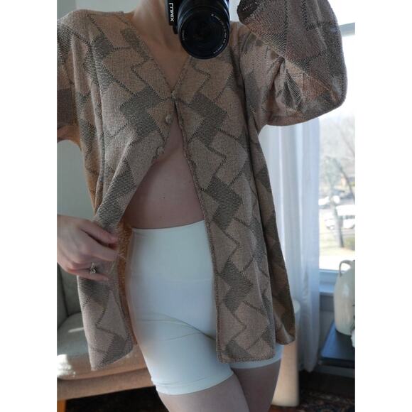 slinky knit blouse | funky y2k vintage chevron knit neutral collared L - Picture 7 of 16